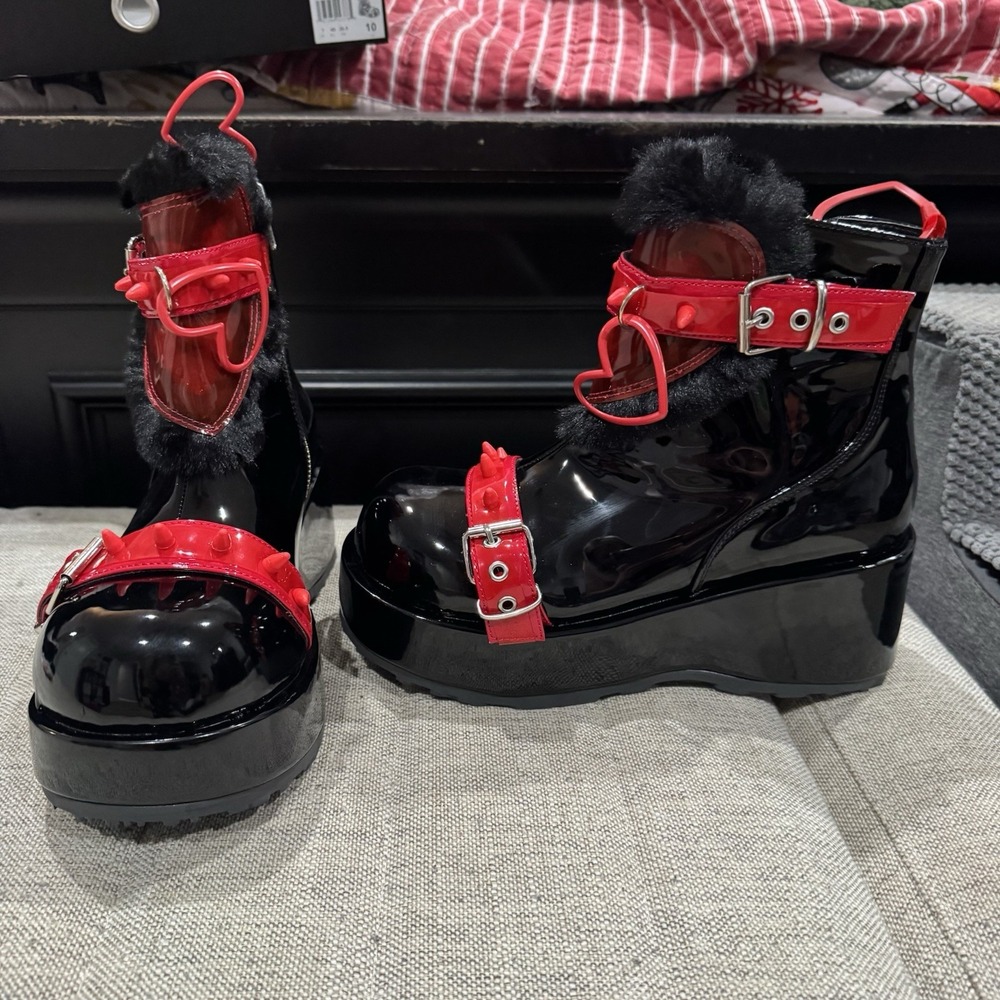Demonia Black Platform Ankle Boots Red Spikes Fur Punk Emo Goth Cubby 57 Size 10